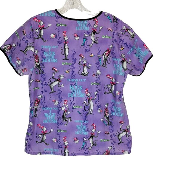 Dr Seuss Scrub Top Size M Cat In Hat Rock Mock Wrap Healthcare EVS Work Uniform - Picture 15 of 15